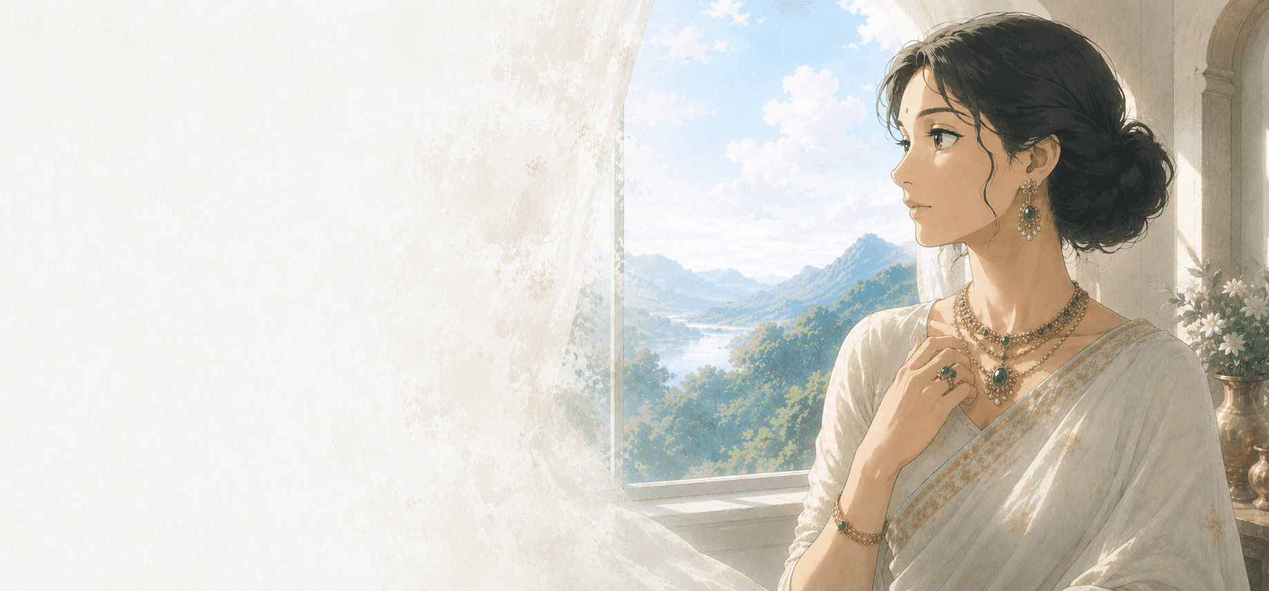 Elegant woman adorned with jewellery at sunset