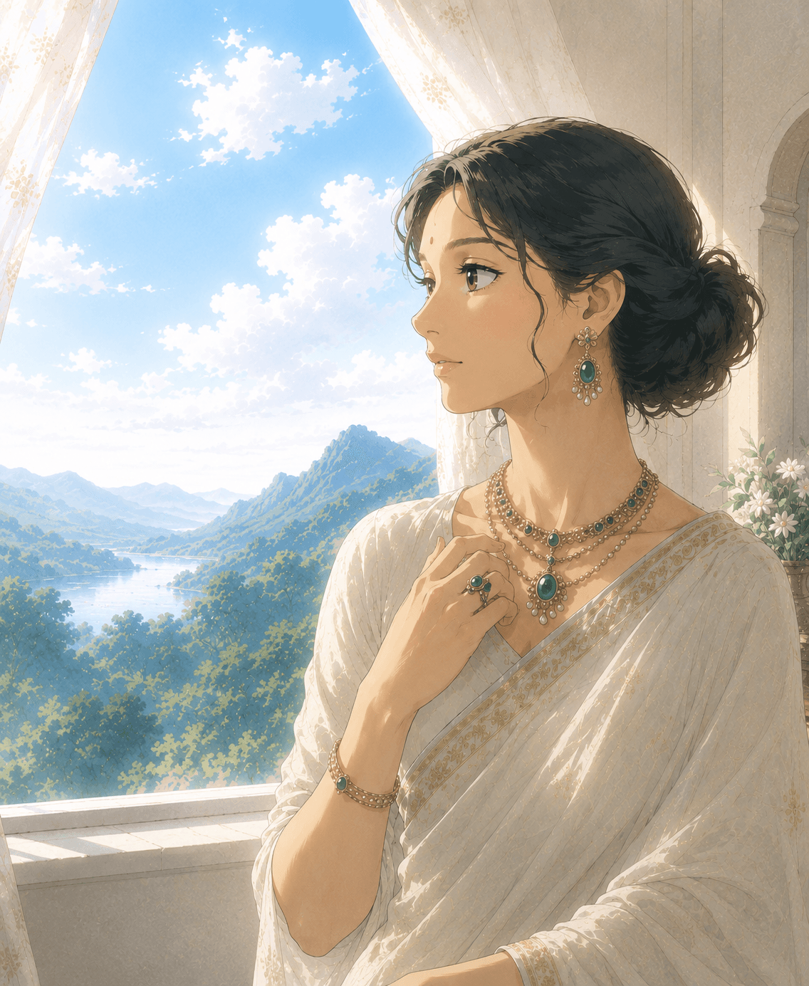 Elegant woman adorned with jewellery at sunset